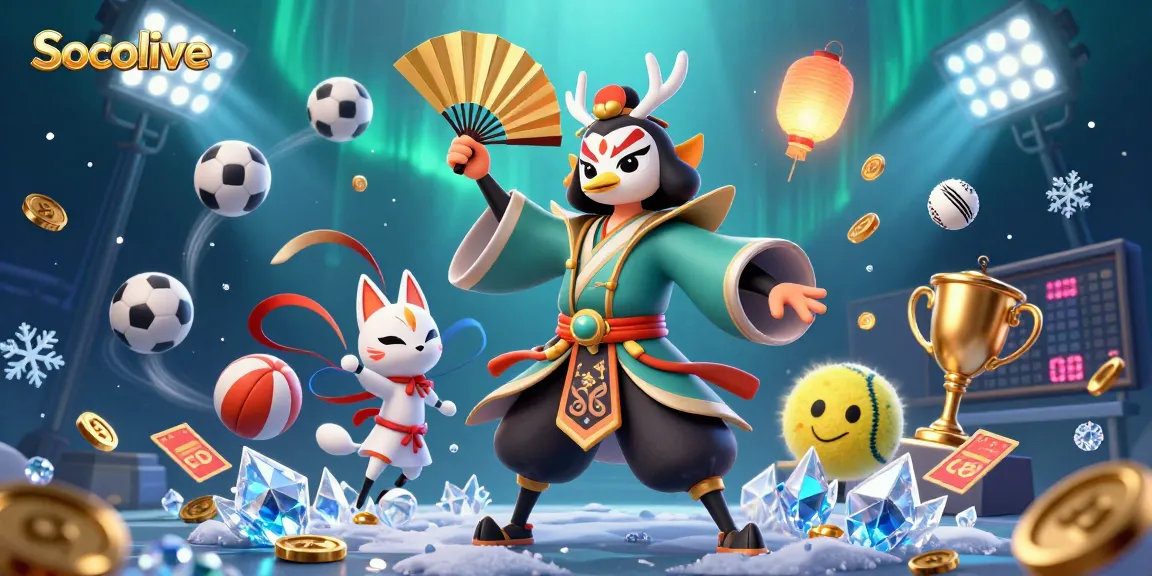 Socolive enhances sports betting engagement with a vibrant scene of 3D characters amidst dynamic sports elements.